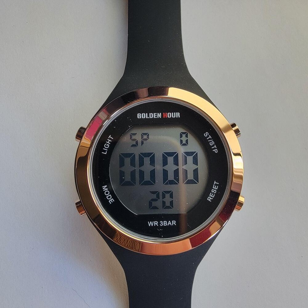 Golden Hour Mens Digital Sport Watch Gray LCD Gold Tone Bezel Black Silicone 30M